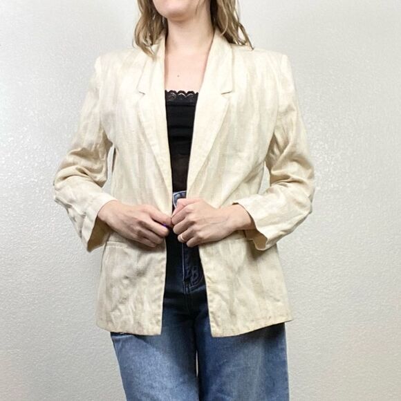 Vintage Counterparts Beige Striped Plaid Textured Blazer Jacket - Picture 1 of 5